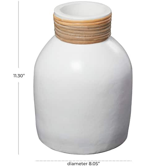 11" White Ceramic Vase with Wrapped Rattan Detailing